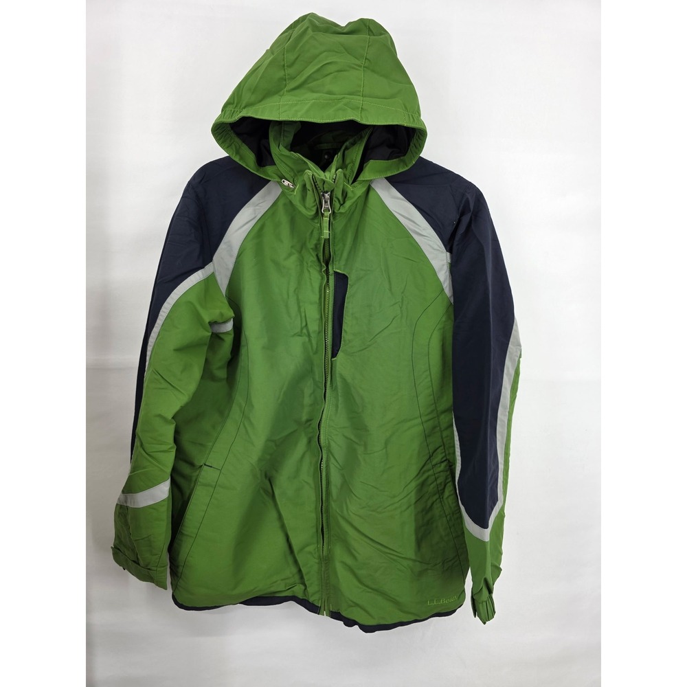 LL Bean Womens Hooded Jacket Green Navy Blue Colorblock Full Zip L 14-16 Outdoor